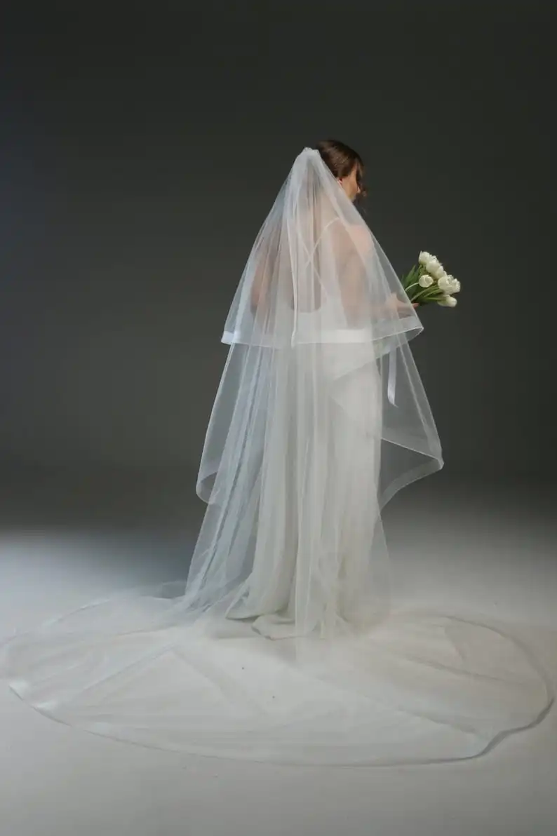 

White Ivory Tulle Veil With Horsehair Trim Crinoline Edge Bridal Veil With Blusher Horsetail Wedding Veil Custom Length