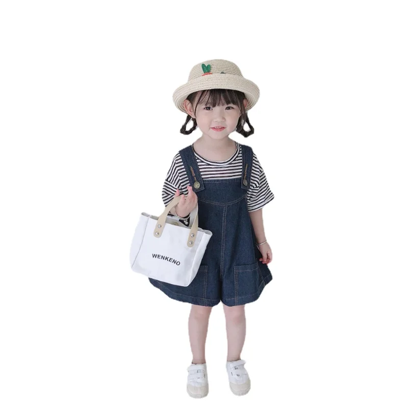 

Denim Rompers Suit Baby Summer Korean Girl Striped T-shirt + Loose Straps Shorts Two-piece Suit Female Child Clothes 1-7TY