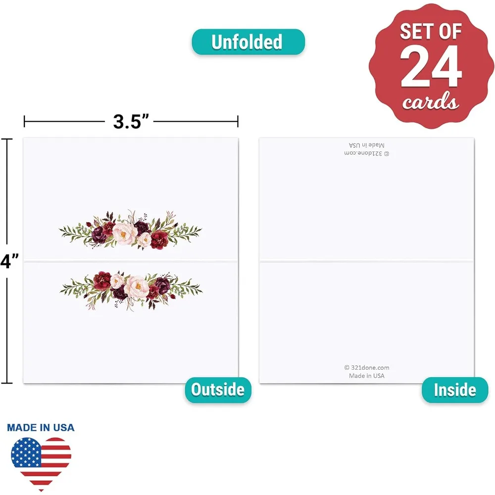 Floral Place Cards, Made in USA - 3.5x2, Blank for Name Food Table Setting Dinner Party Seating Wedding Reception