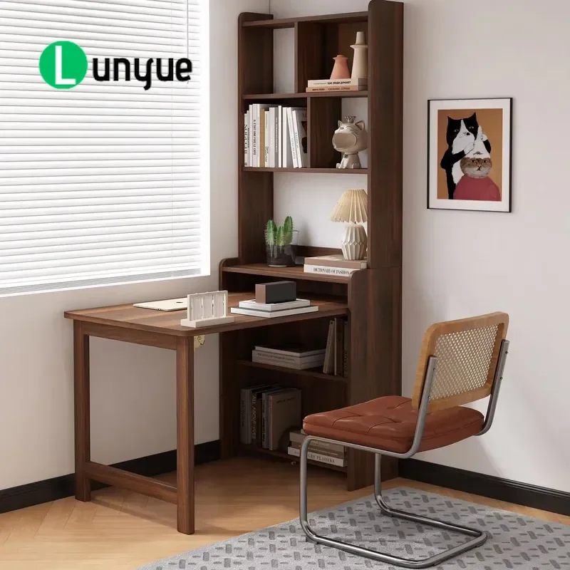 Solid Wood Folding Desk with Built-in Corner Bookshelf Compact Computer Table for Living Room Study Office Space Saving
