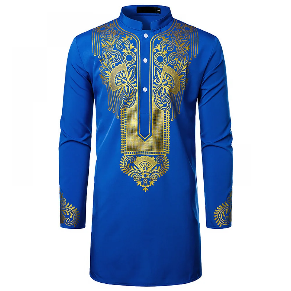 Anime Costume Cosplay nascosto etnico africano da uomo nero bianco blu camicia a maniche corte con bottoni in oro metallizzato stampato Dashiki Top