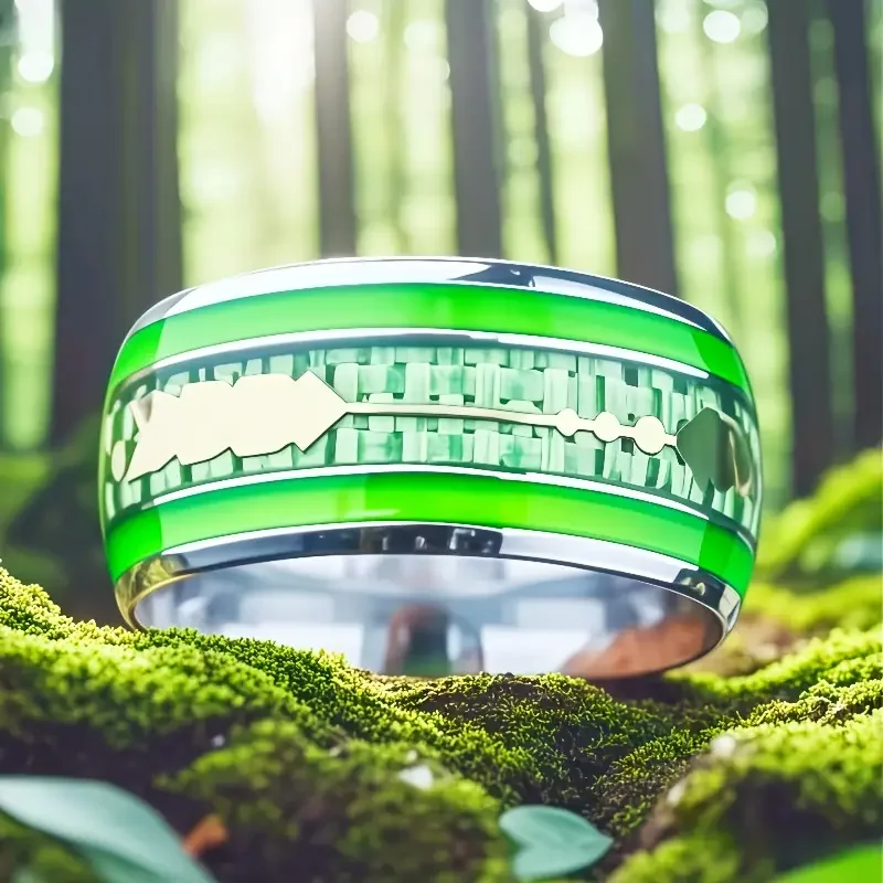 1pc Men'S Stainless Steel Ring with Green Carbon Fiber Love Arrow Design - 10mm, Comfortable & Stylish for Daily Wear, Perfect G