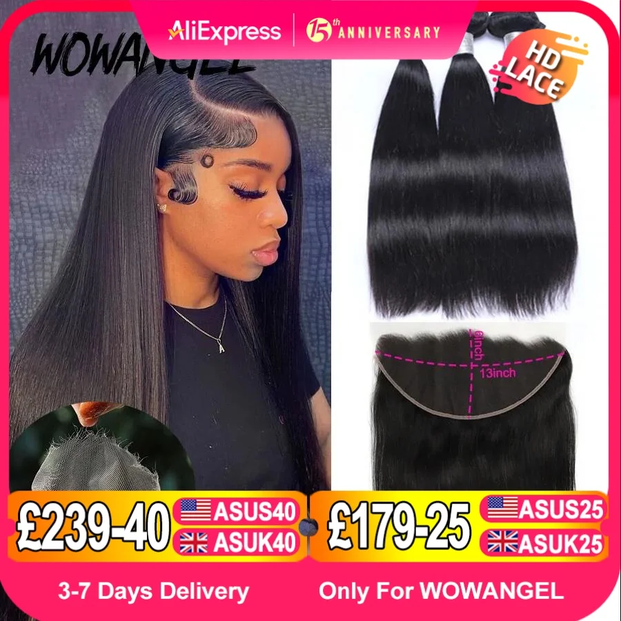 Wowangel 13x6 HD Lace Frontal with Bundles Human Hair 5x5 HD Lace Closure Melt Skins Brazilian