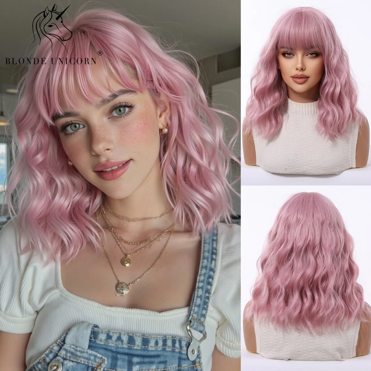 

BLONDE UNICO Pink Short Bob Wavy Synthetic Wig with Bang for Women Heat Resistant Gradual Color Hair for Daily and Party Styling