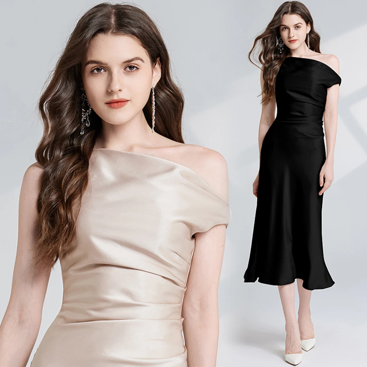 Sexy Satin-Meerjungfrauenkleid für besondere Anlässe, Damen, eine Schulter, Party, Ballkleid, schräg, rückenfrei, geraffte Taille, Abschlussball, Cocktail-Robe