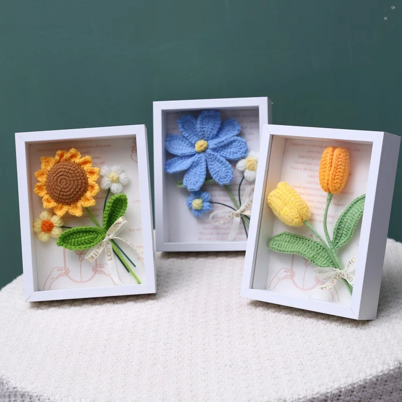 Rose Sunflowers Plush Plants Crochet Finished Knitted Creative Photo Frame Valentine Mothers' Day Birthday Graduation Gift