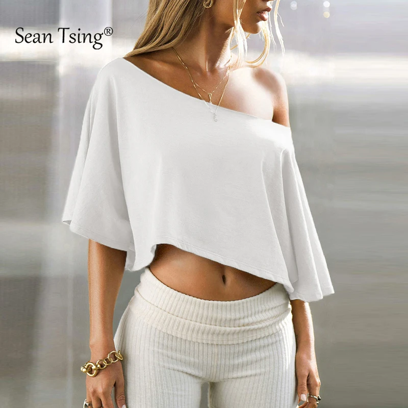 

Sean Tsing 100% Cotton Sports T-shirts Oversized Loose Half Sleeve Sexy Off Shoulder Short Crop Tees Yoga Running White Tops