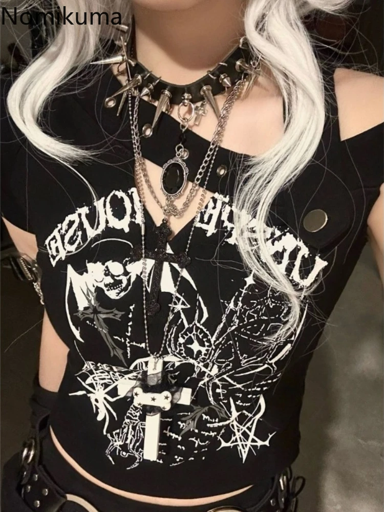 

Harajuku Punk T Shirts Women's Skull Print Short Sleeve Tees Hollow Out Casual Fashion Camisetas Sexy Summer Y2k Tshirts Tops