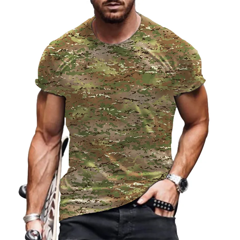 Men\'s Camo T-Shirts Short Sleeve Round-Neck Summer Workout Sports Casual Tops Oversized Loose Breathable Street Male Tees 6XL