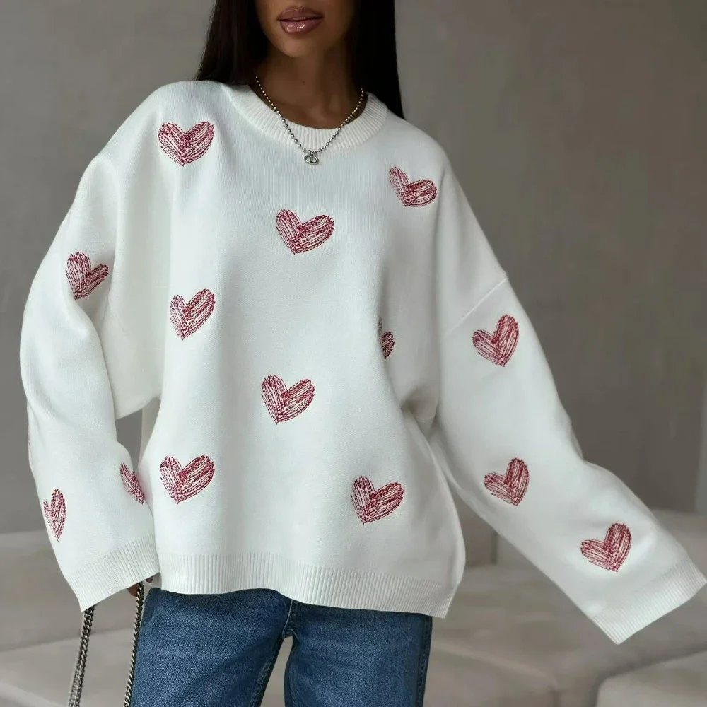 

FDEY Women's Heart Embroidered Sweater Crew Neck Pullover Knit Sweater Loose Simple Base Layer Sweater Autumn and Winter