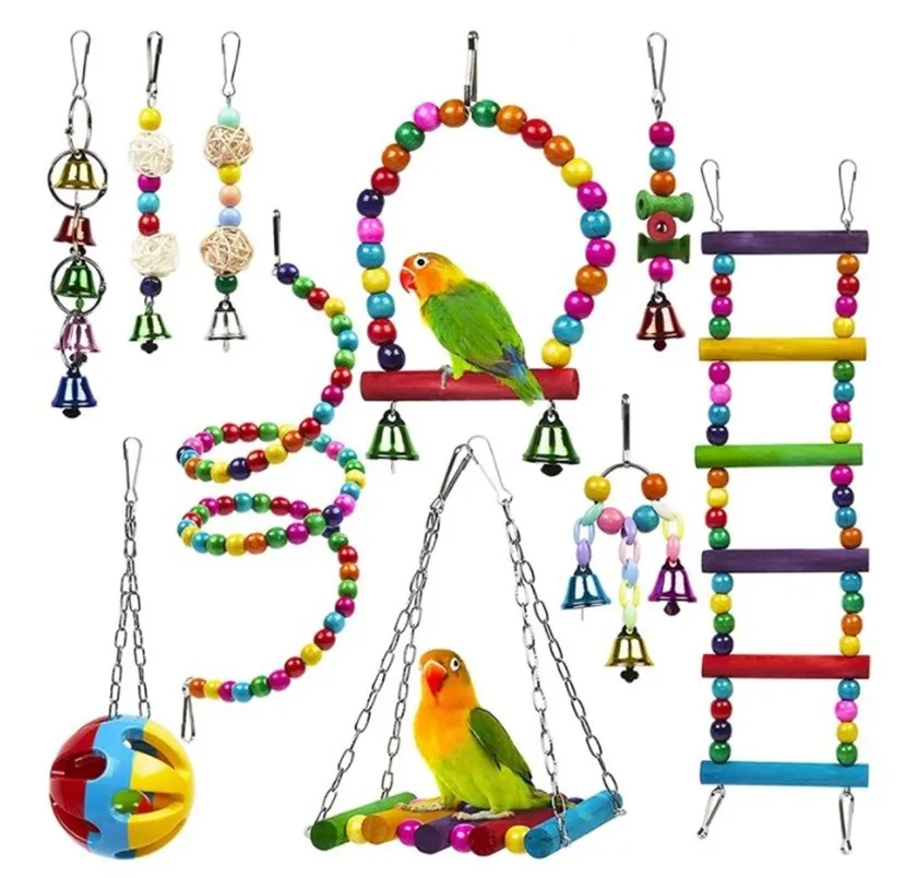 

10 Packs Toys for Birds Swing Chewing Training Parrot Toys Chewable Hanging Bird Accessories Pet Wooden Bell Toys Bird Toys