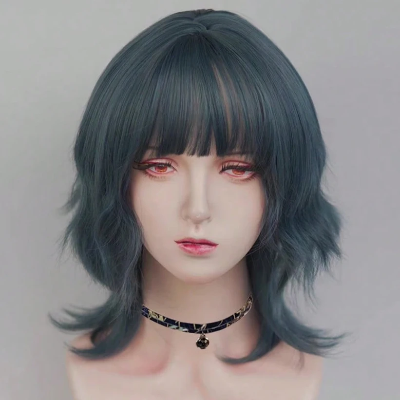 باروكة نسائية زرقاء صناعية قصيرة مموجة مع فرقعة لوليتا كوسبلاي للهالوين وعيد الميلاد كاجوال جلام #3