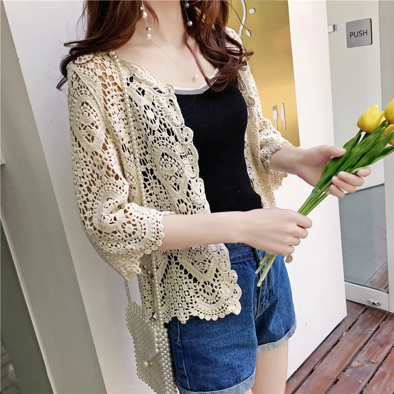 

Women's Thin Hollow Knitted Cardigan Long Sve Summer New Outerwear Lightweight awl ort Jaet Breathable Sun Protection