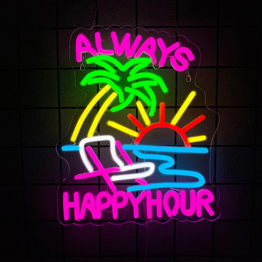 

Неоновая вывеска Always Happy Hour, красочная значок кокосовой пальмы и солнца, питание от USB, используется для комнаты, бара, клуба, праздничной вечеринки.