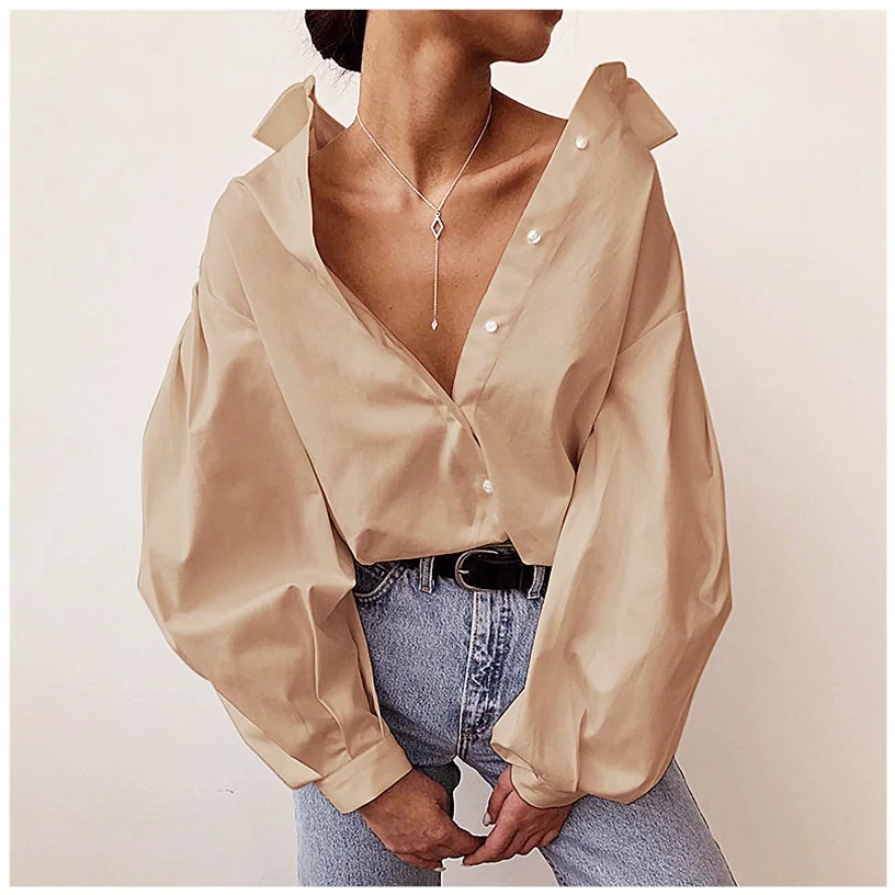 루즈핏 긴팔 랜턴 슬리브 셔츠 여성용 칼라 스탠드업 탑 울트라 숏 길이 가을 패션 여성용 프리미엄 셔츠
