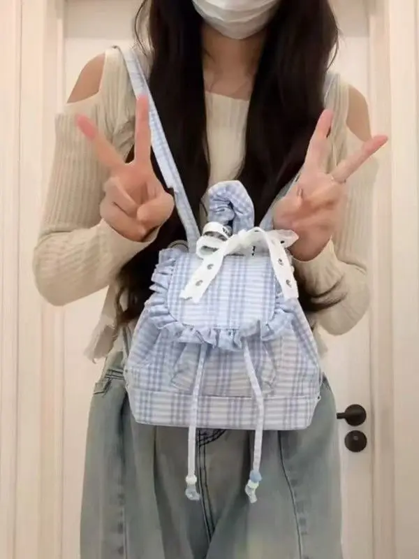 

Милая синяя кружевная клетчатая женская сумка с пышным подолом и двойным плечом, корейская повседневная сумка Buet ape из холста