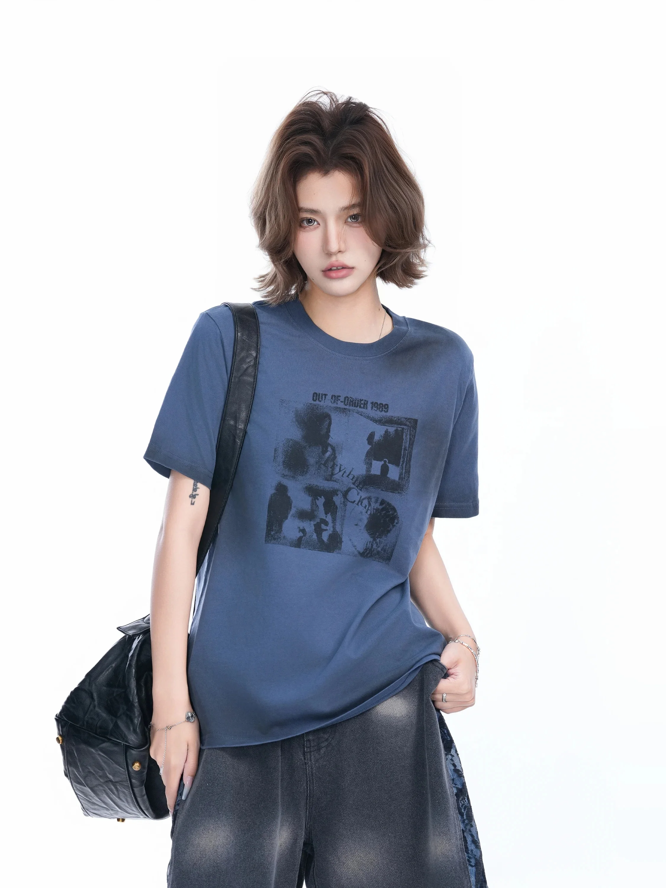 Small Ball American Retro Tie Dye Design Shoulder Length Short Sleeve round Neck Loose Women's T-Shirt Summer Cool Style Print