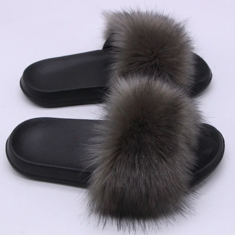Damen Kunstfell-Slipper Flauschige Offene Pantoffeln für Drinnen und Draußen Lässige Flache Sandalen Luxuriöse Pelzige Slides für Damen – Detail 6