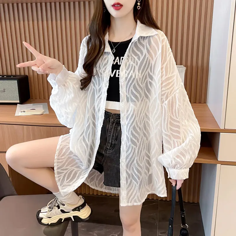 Women's Ice Silk Thin Shirt Length Medium Long Summer New Loose Large Size Breathable Sun Protection Outerwear Open Cardigan