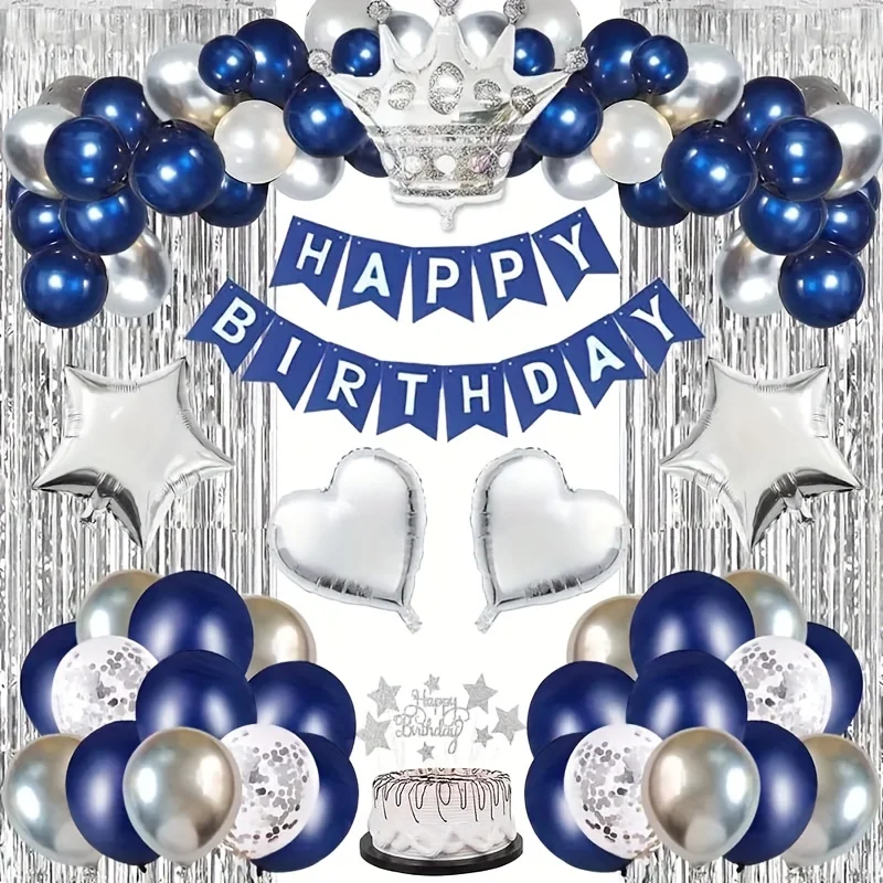 Navy Blue Silver Happy Birthday Decor Kit,Boys&Girls Banner Crown Balloon Fingam Curtain CakeTop Party Set Scene Layout Products