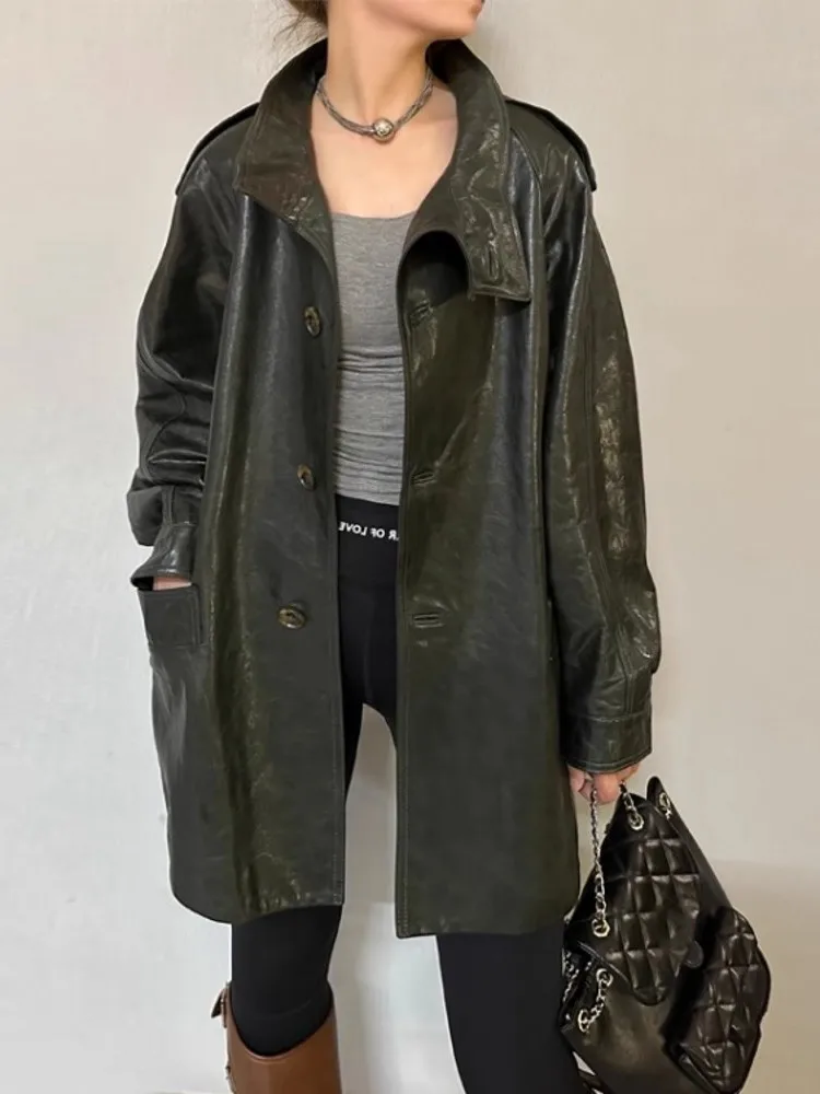 

Leather jacket 2023,Autumn Women Oil Wax Sheepskin Stand Collar Single Breasted Loose Fit Long Trench Coat Boyfriend Style Genui