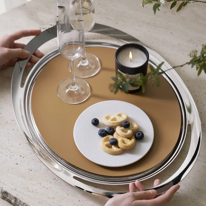 Extravagant Stainless Steel Round Tray Tabletop Storage Hotel Household Living Room Wine Dessert Plate Display Plate Snack Tray