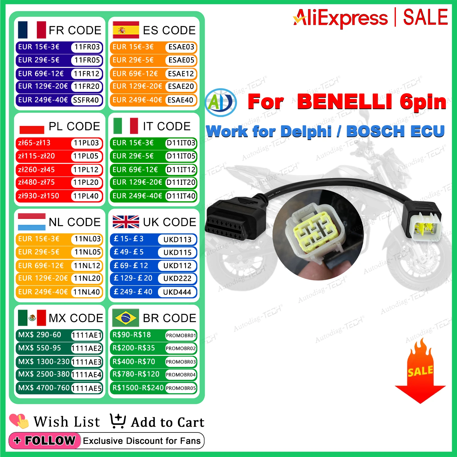 

6Pin Motorcycle OBD Adapter For Benelli TNT 25/135/300/600,GT600,302R,TRK502,LEONCINO ECU Diagnostic Connector For BOSCH Delphi