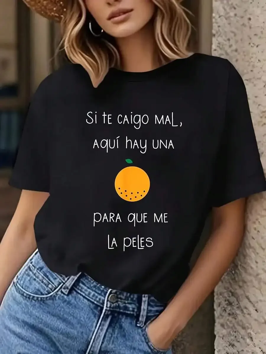 2026 Fashion New Arrival Women Crew Neck Short Sleeve T-Shirt, Funny Spanish Quote 'Si Te Caigo Mal Aquí Hay Una Para Que Me La Peles' Orange Text Graphic Print Casual Daily Outfit Basic Top T-Shirt