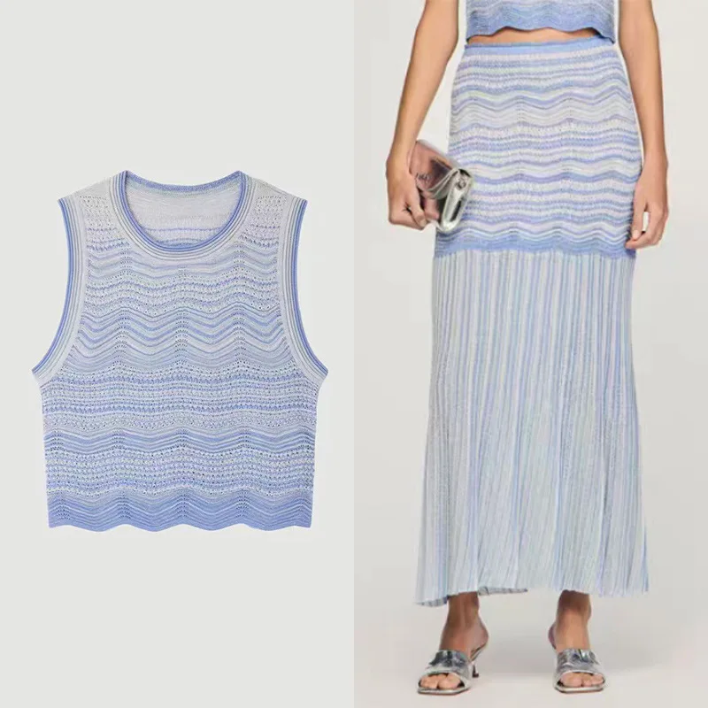 

Spring/Summer Women Wavy O-Neck Slim Knit Set Cotton Blend Sleeveless Knitwear Top + High Waist Pleated Elegant Maxi Skirt