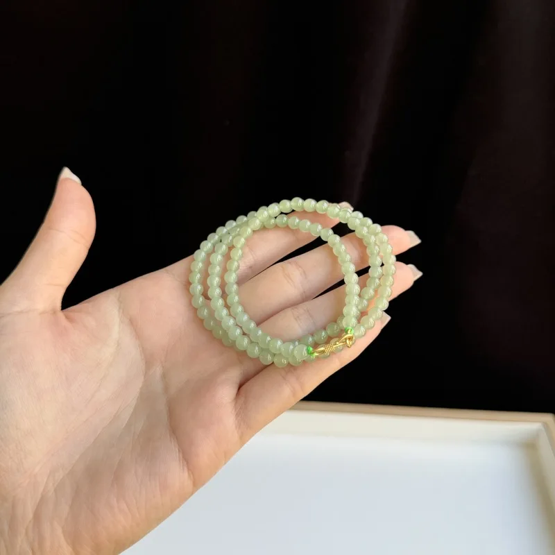 Qingshui Hotan Multi- Women, High-Green Jade, Three-Circle Bead Bracelet With Loose Beads