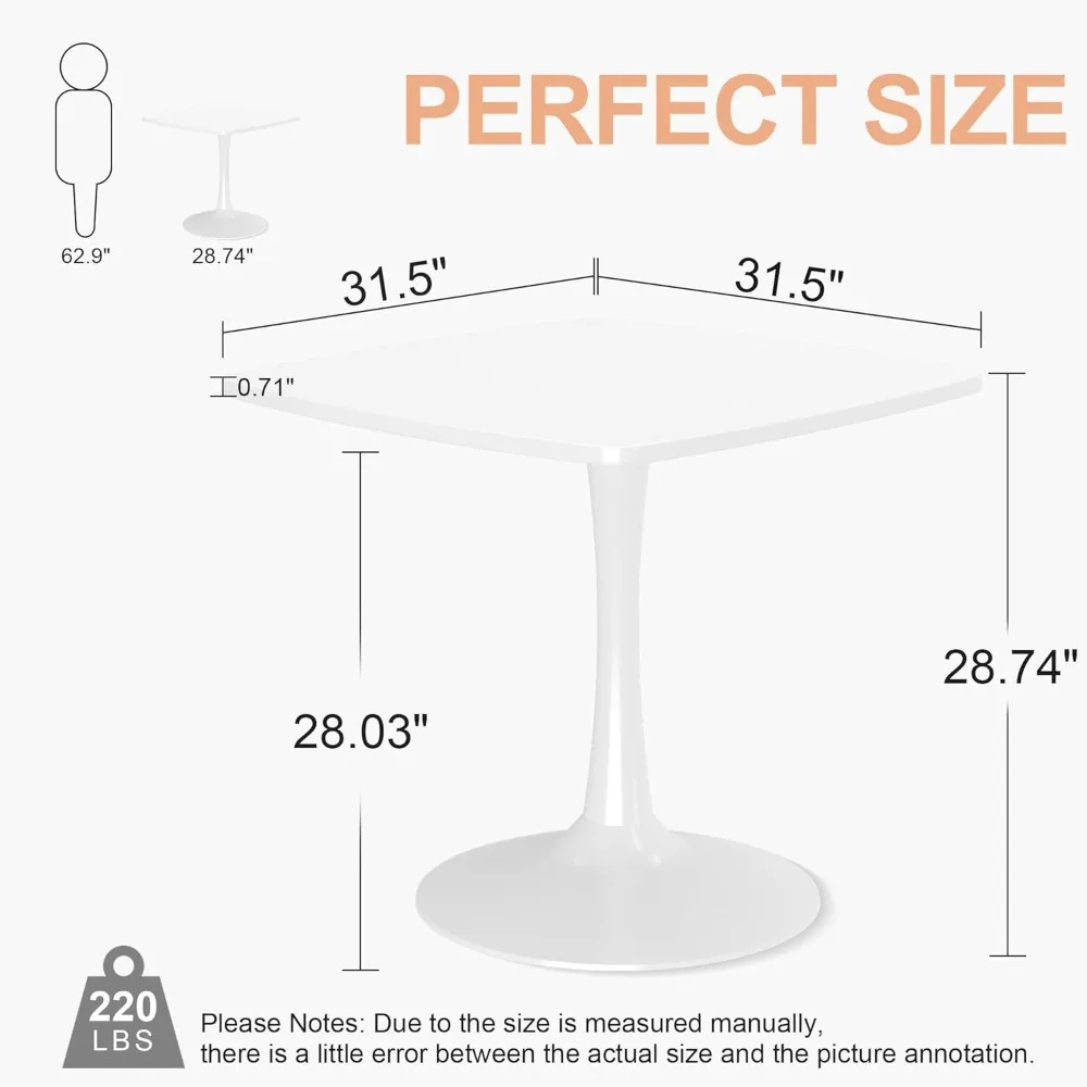Square Dining Table, 31.5" White Tulip Pedestal With MDF Tabletop & Metal Legs, 2 Piece Design for 2-4 People, Small Spaces