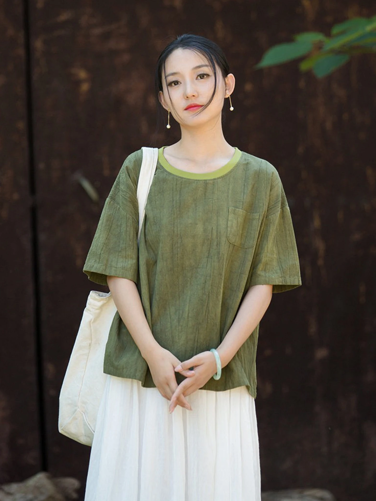 Cotton Linen Women's Top Summer New Style Dyed Loose Short Sleeve round Neck Tea Service T-Shirt Artistic Casual Breathable