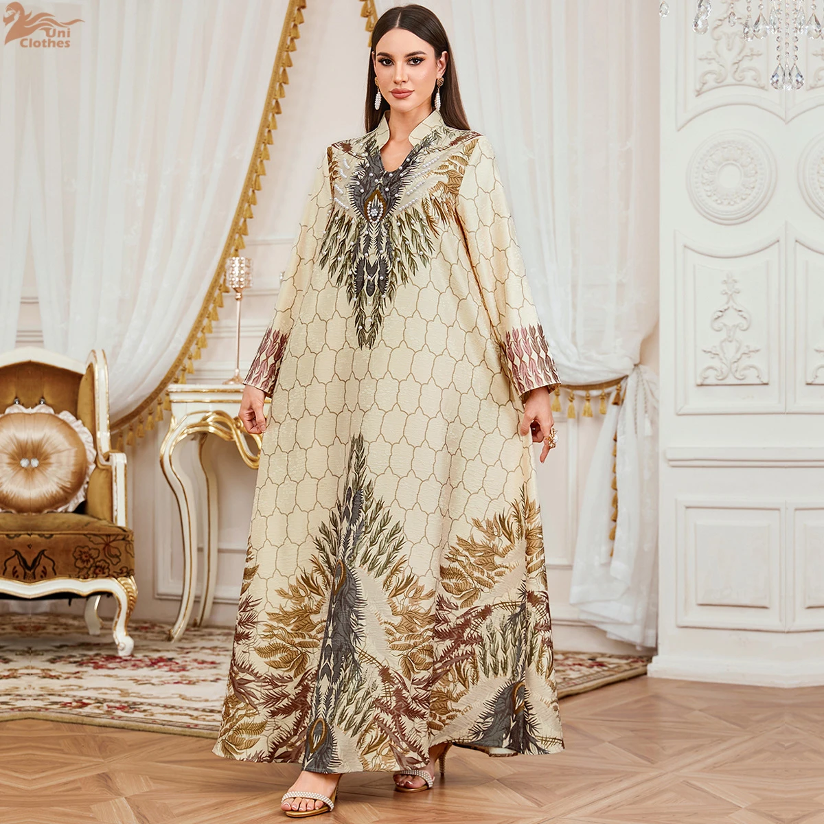 

Uni Muslim Luxury Woman Evening Dress Graphic Print Abayas Dubai Beaded Kaftans Party Dresses