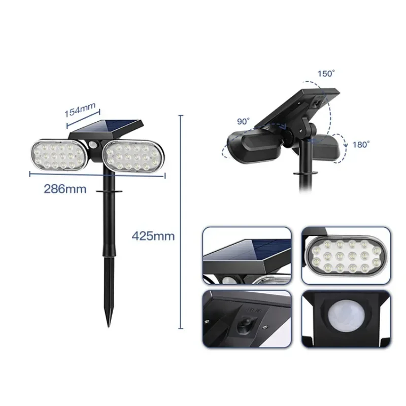 ไฟพลังงานแสงอาทิตย์กลางแจ้ง Motion Sensor การเหนี่ยวนําของมนุษย์ปรับหัว IP65 กันน้ําโคมไฟติดผนังพลังงานแสงอาทิตย์
