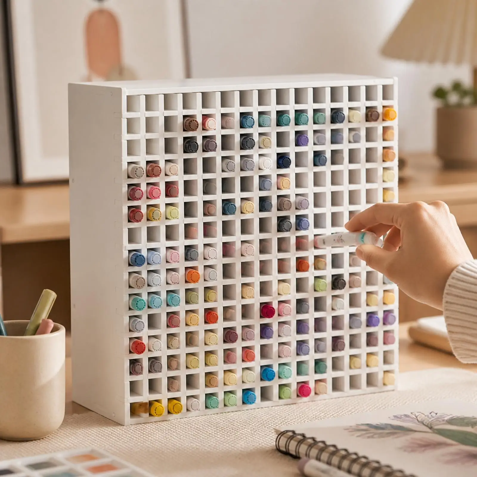 Desktop Marker Storage Rack PVC Pen Organizer Box with Sectioned Slots for Writing Supplies Workstation Desk