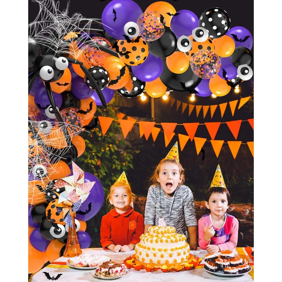 126 Pcs Halloween Balloon Garland Arch Kit Halloween Party Decorations Include Spider Web Bats Purple Orange and Black Balloons