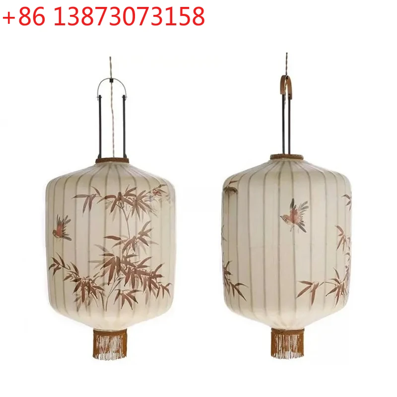 

Chinese Style Japanese Fabric Lantern Pendent Lamp Restaurant Hotel Tatami Hand-painted Bamboo Leaf Pattern Room Decor Lights