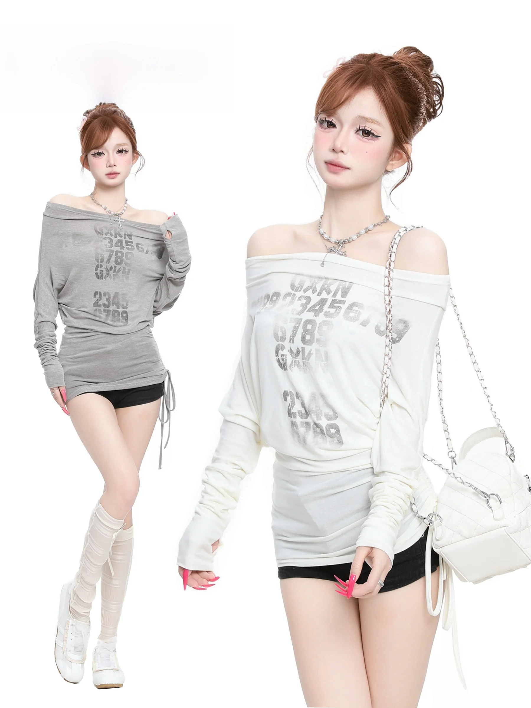 

Basterds oulder Bared Long Sve T-irt Women's Slim Fit Spring Pure Desire Spicy Girl Creative Pattern Cotton Blend Top