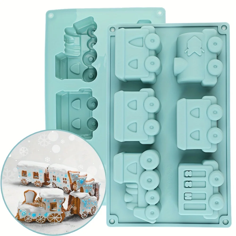 Molde de silicona de tren de dibujos animados, molde para muffins, bandeja para hornear cupcakes/molde para pasteles para fiestas temáticas de cumpleaños, tazas para muffins, cubitos de hielo, jabón, obleas, pasteles, tartas, empanadas, masa, donas, etc.