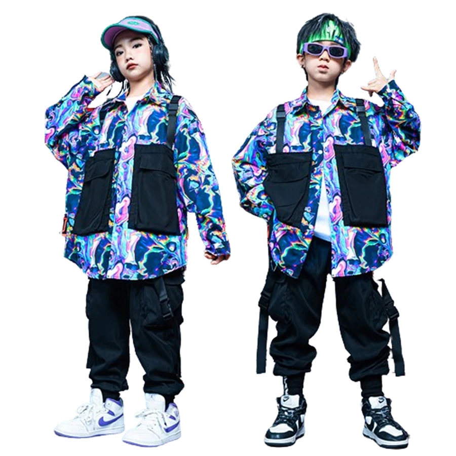 

Kids Hip Hop Clothing Colored Print Shirt Top Black Street Jogger Cargo Pants for Girls Boys Jazz Dance Costume Clothes