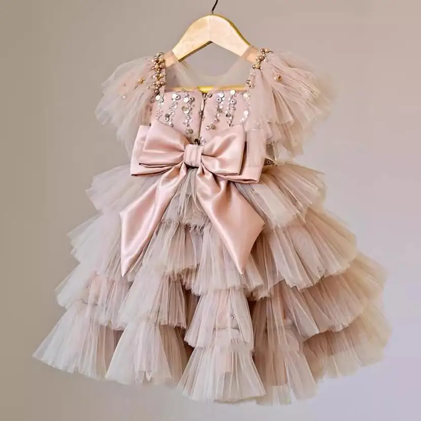 2023 New Children Boutique Princess Evening Gown Bow Sequin Mesh Design Wedding Birthday Baptism Eid Party Girls Dresses A3210