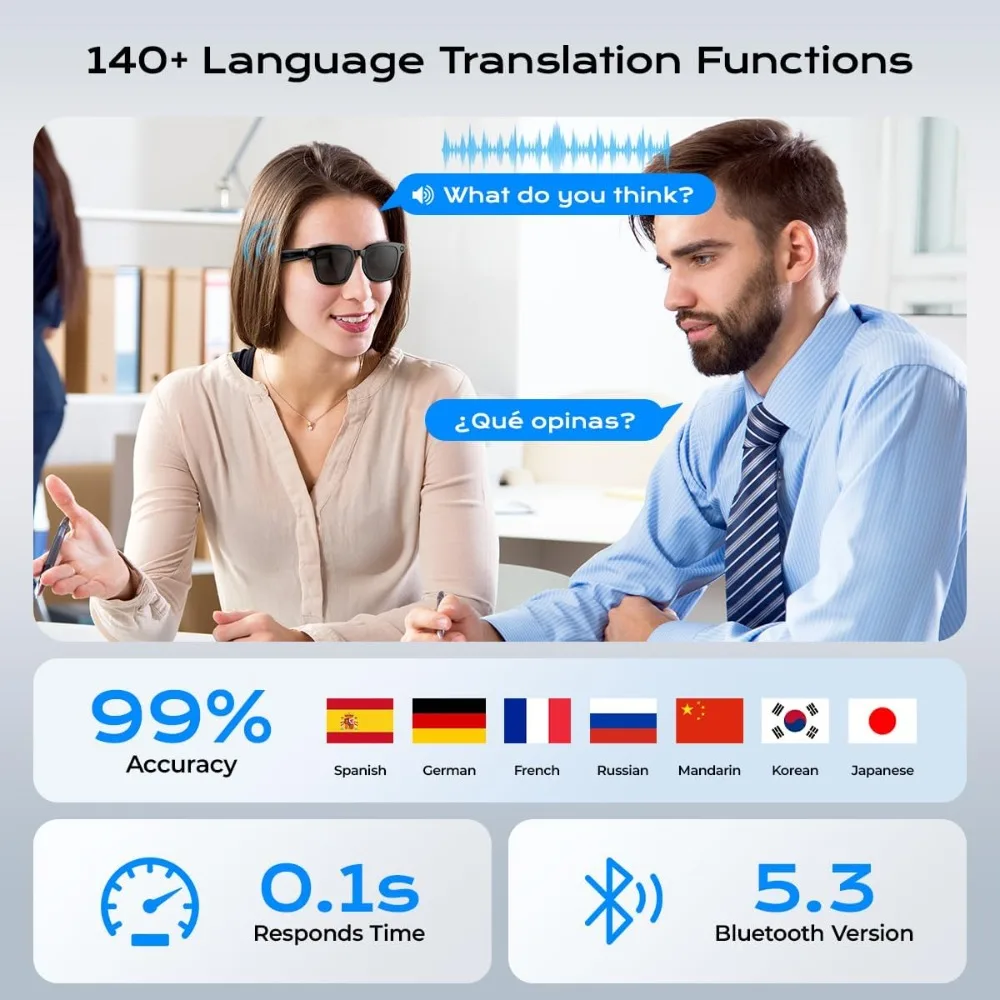 Smart HD Camera Glasses with Video and Photo, 140+ Language Translation for Travel and Business view 2