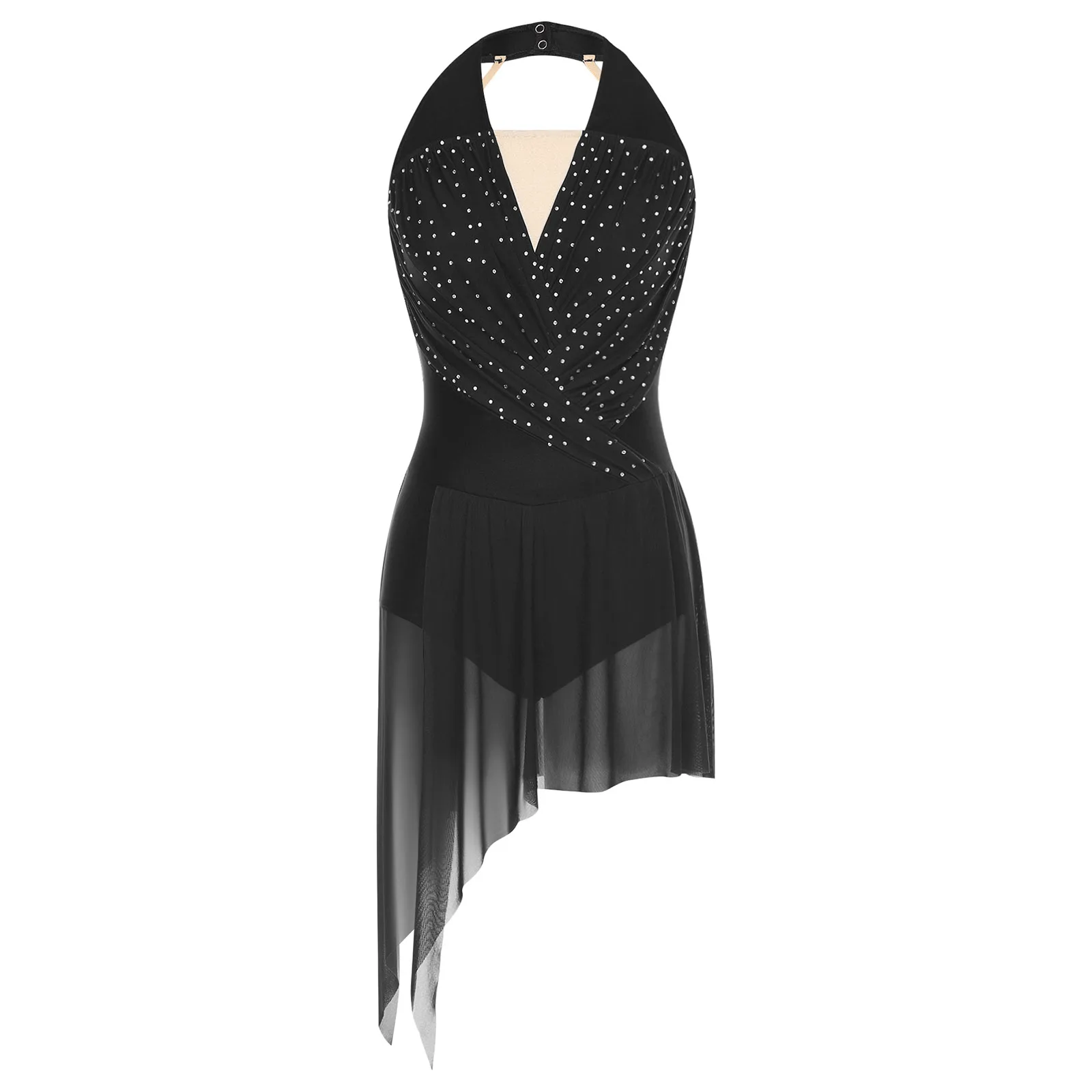 Women Figure Skating Bodysuit V Neck Ruched Mesh Rhinestone Backless Irregular Leotard Dress Chacha Samba Rumba Dance Costume