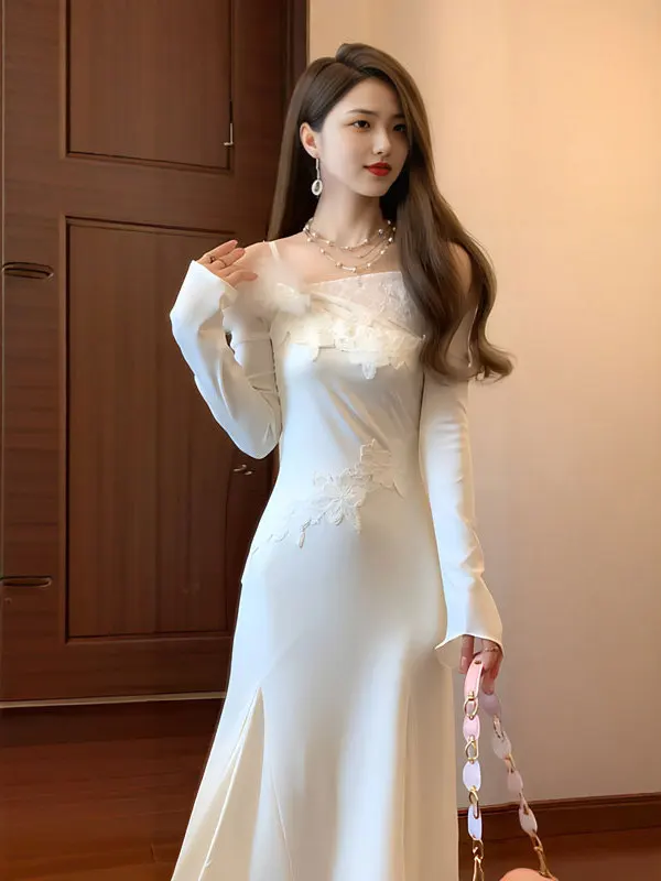 

Зимнее платье Ele Winter Sle: уникальное, на одно плечо, приталенное, длинное, красивое, однотонное, с высокой талией, нежное, модное, для различных случаев...