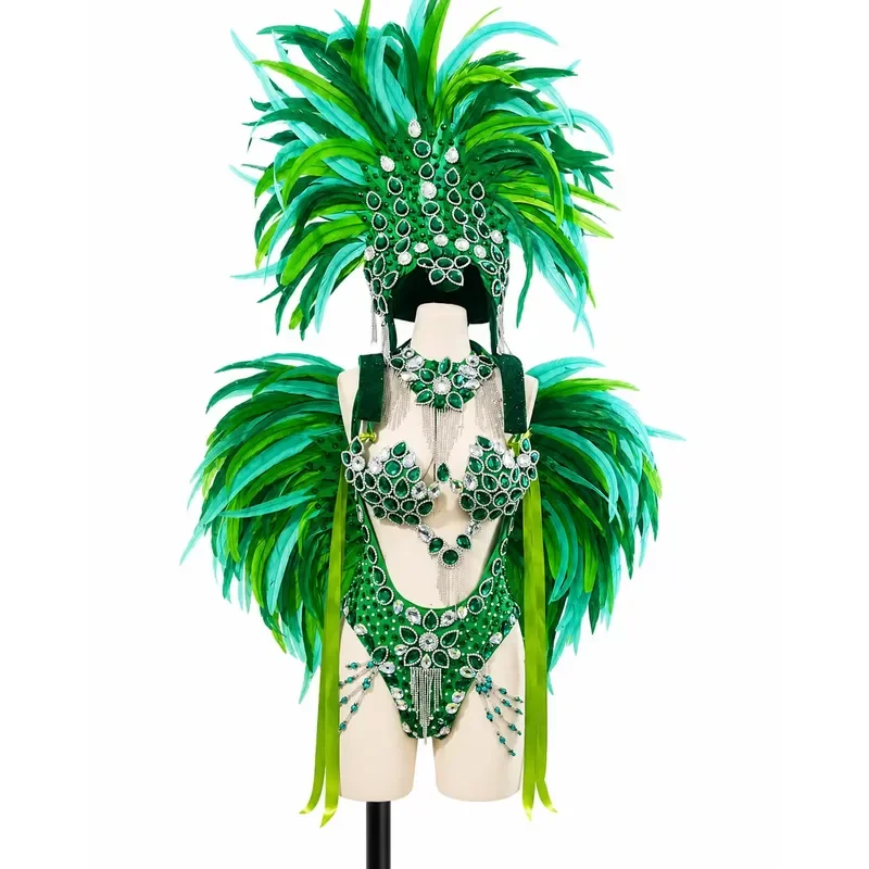 Handmade Samba Rio Carnival Belly Dance Costume Stage Performance Wire Chest Strap Feather Shawl and Jewel Unique Carnival