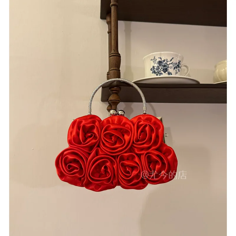 

French Elegant Lolita Girl Sweet Flower Bag Romantic Gentle Wedding Party Rose High End Gentle Red Fashionable Women Handbag