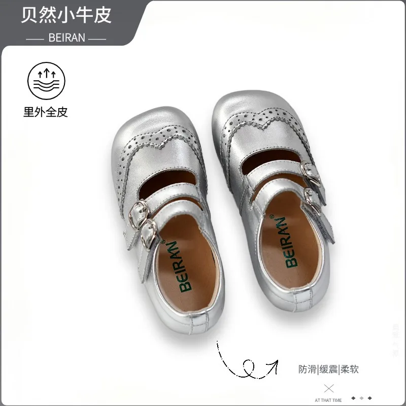 New children's student genuine leather retro carved double Velcro low-cut girls' fashion small leather shoes