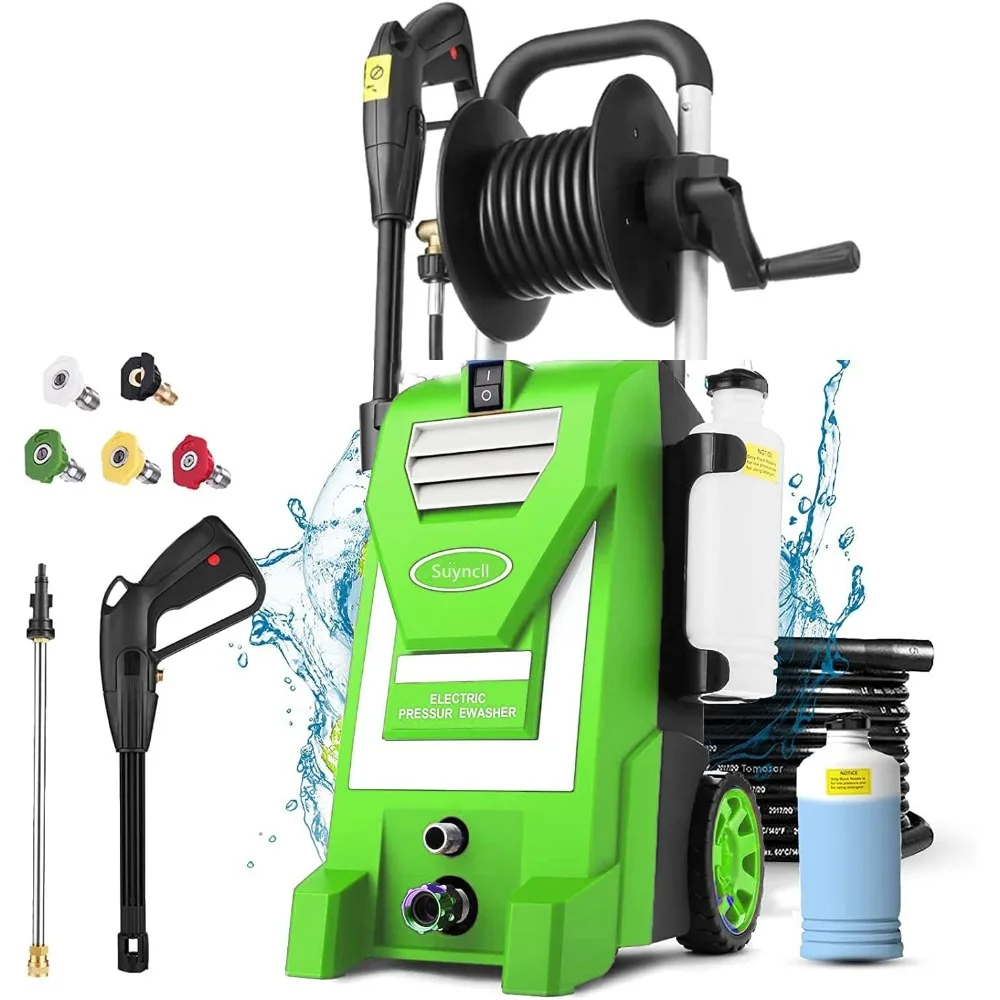 Electric Pressure Washer 3.9GPM Power Washer, 1500W High Pressure Cleaner with Hose Reel, 4 Nozzles Detergent Tank