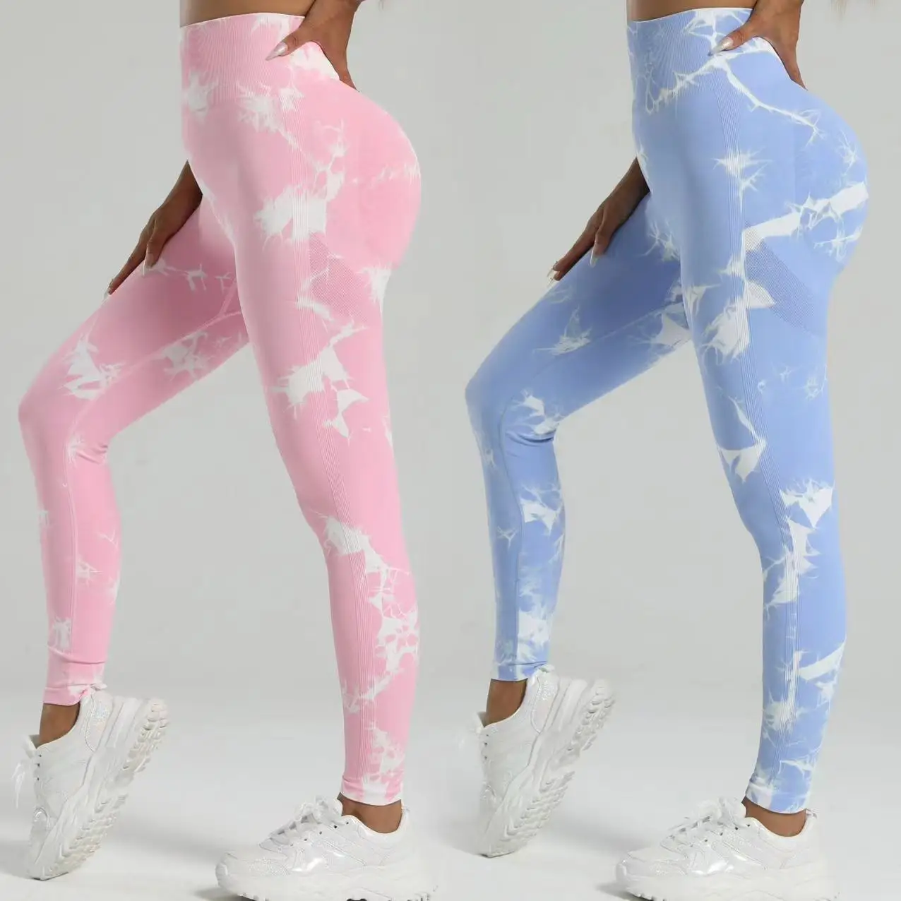 2Pcs Tie Dye Gym Leggings Women Seamless Yoga Pants Scrunch Sports Tights High Waist Workout Training Leggins Light Pink