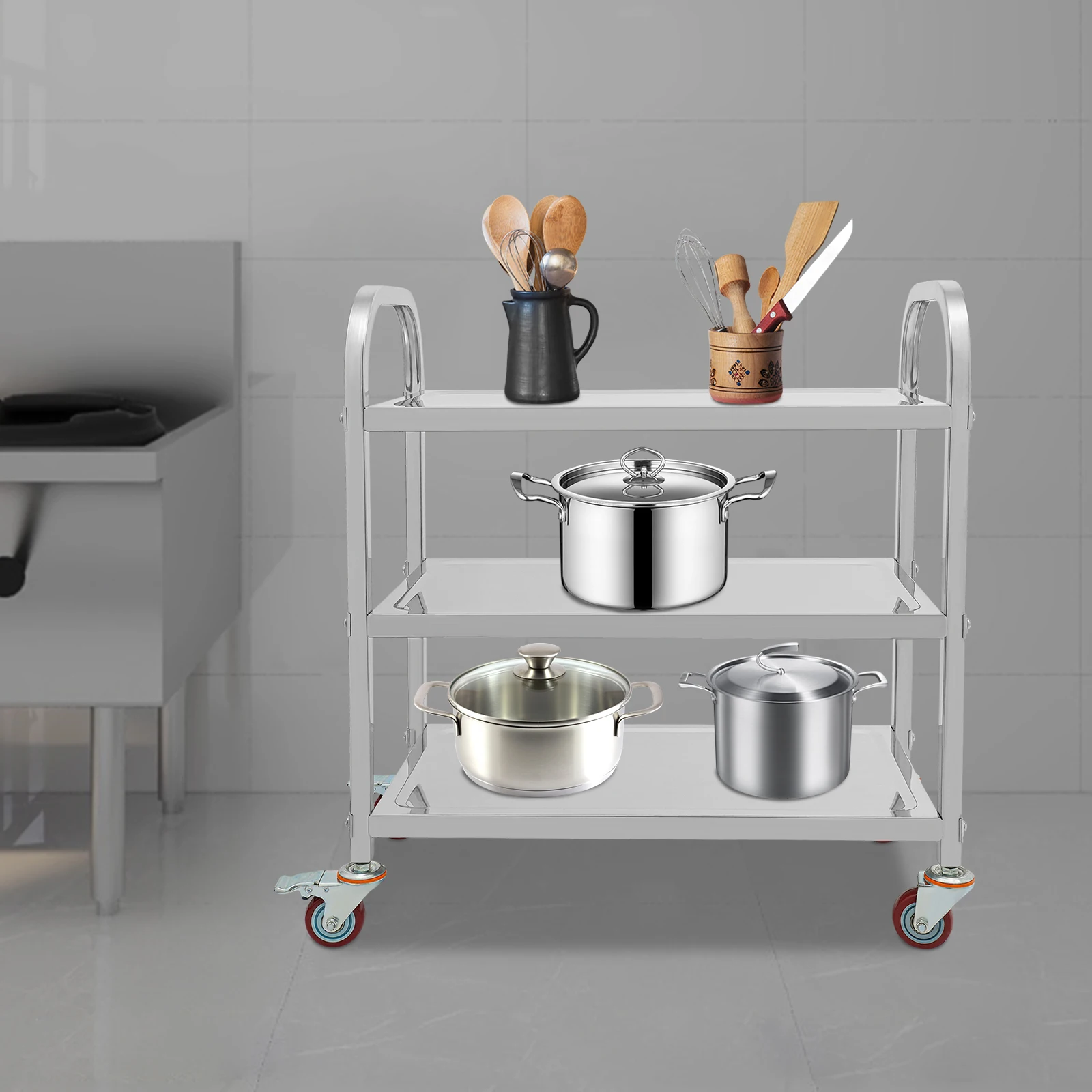 3 Tier Stainless Steel Kitchen Trolley Cart Kitchen Cart Rolling Storage Shelf Utility Serving Storage Rolling Car Shelf